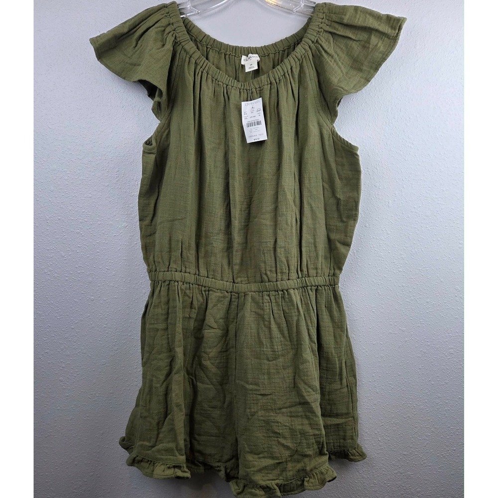 Crewcuts by J.Crew Girls Olive Green Cotton Gauze Ruffle Romper Size 16 NWT